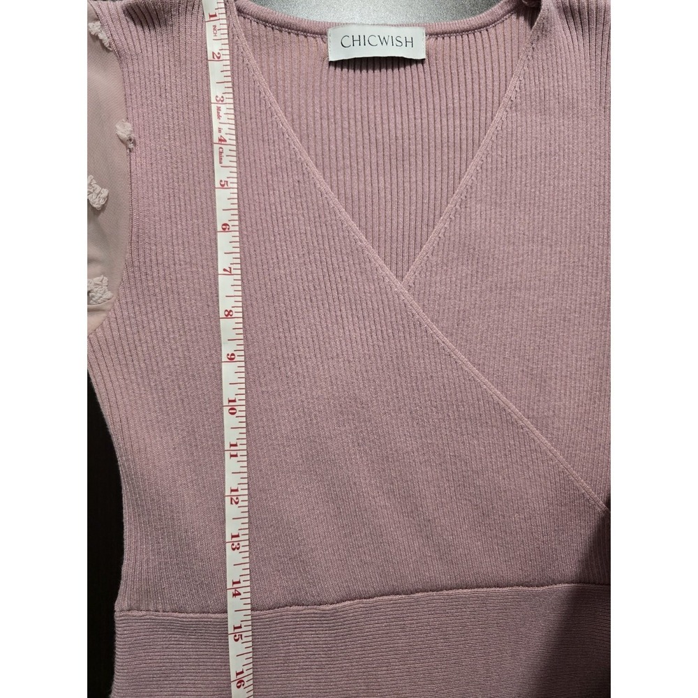 Chicwish Wrap Knit Dress Blush Pink Long Sleeve Dot Mesh Sleeve Fit & Flare M - Picture 3 of 11